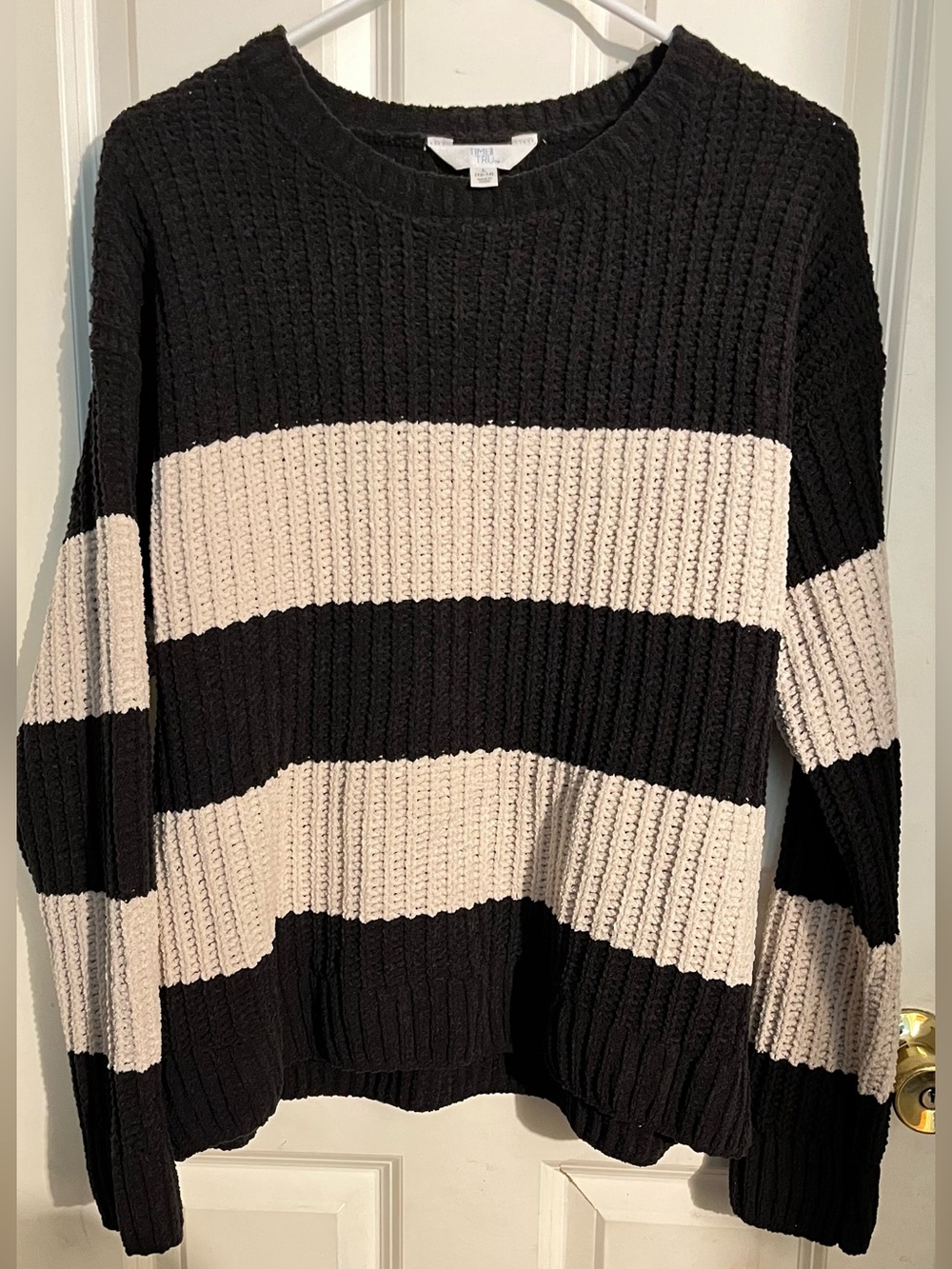 Time and Tru Black and Cream Striped Crewneck Sweater